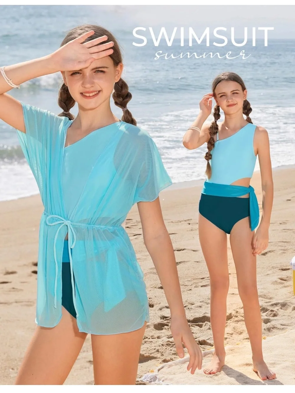 Two-Piece Swimwear Size 12- 14 One Shoulder Cut Out Waist Mesh Cover-Up 1247/3-1
